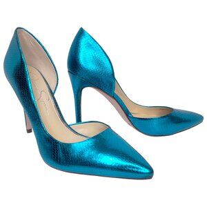 Jessica Simpson D'Orsay Stiletto Heels 8.5 M Blue Metallic Snakeskin Pheona Pump